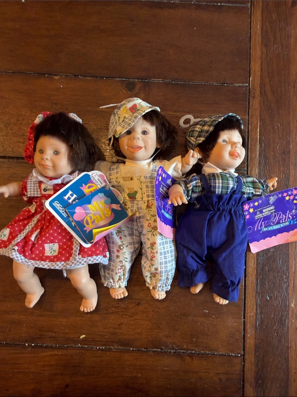 Plush-Faced Kids Doll Trio in Red, Cream & Blue Outfits